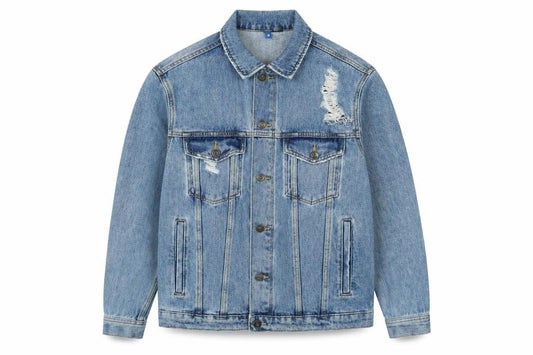 Front view of Divided men’s blue jacket, size S, button - distressed