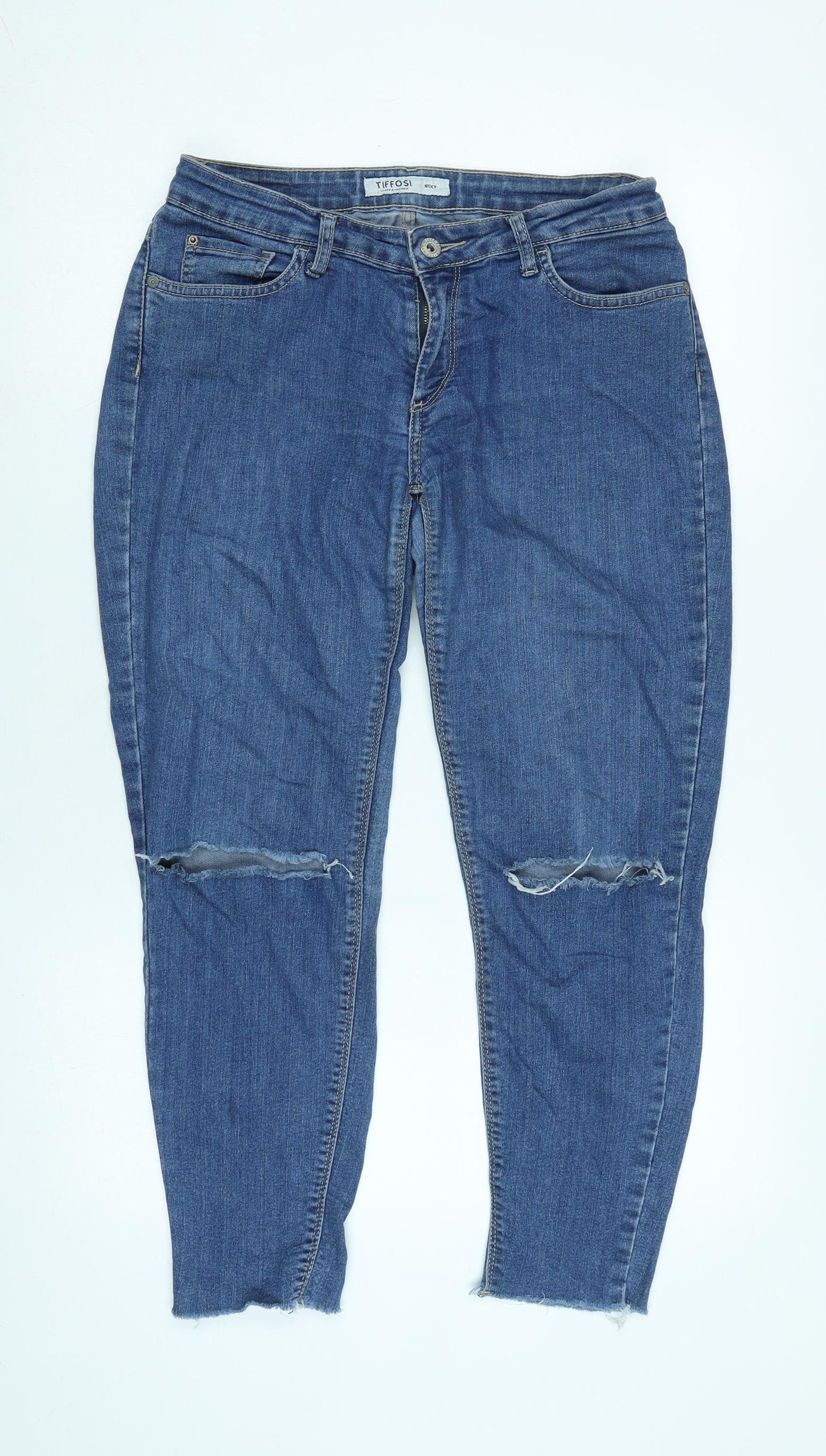 Tiffosi Womens Blue Cotton Blend Tapered Jeans Size 26 in L26 in Regular Zip - Distressed- Raw hem.