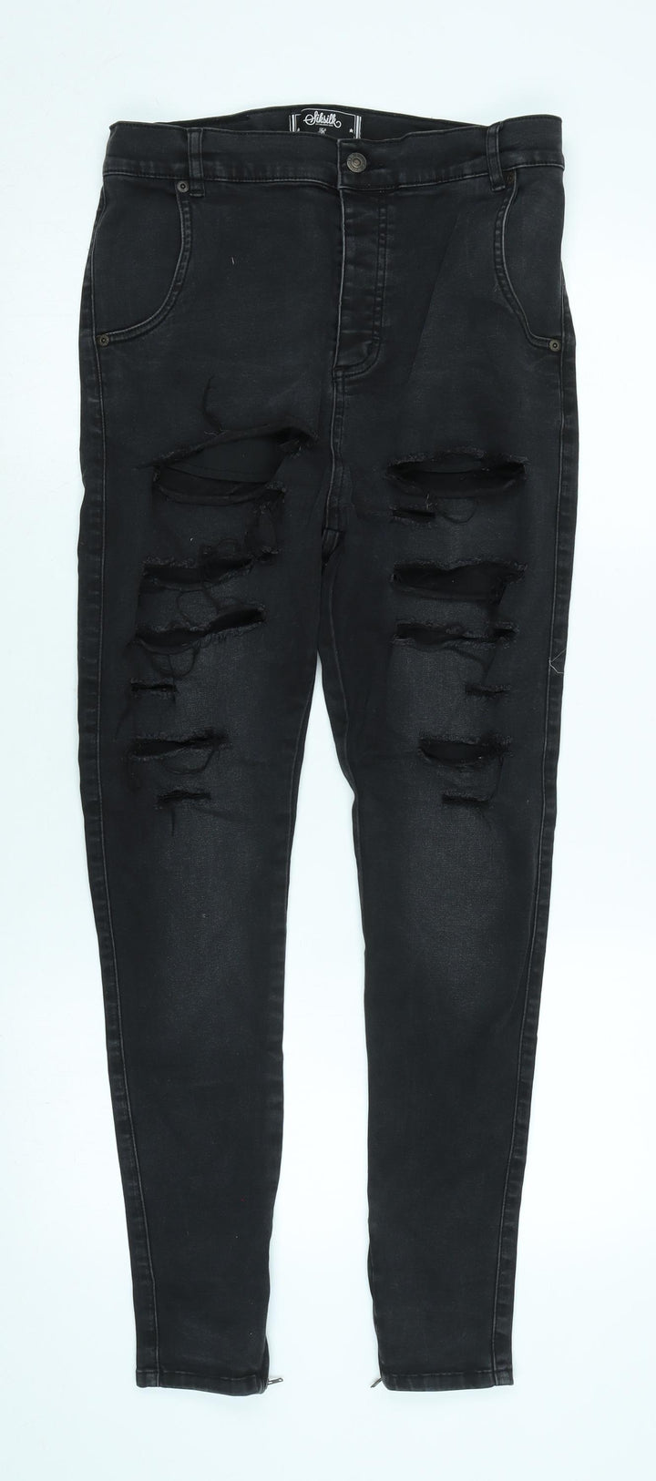 silksilk Womens Black Cotton Blend Tapered Jeans Size L L29 in Regular Zip - Zip detail to legs