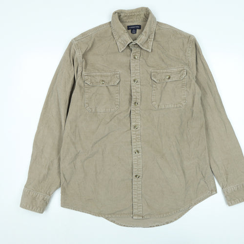 Lands End Mens Beige Cotton Blend Button-Up Size M Collared Button