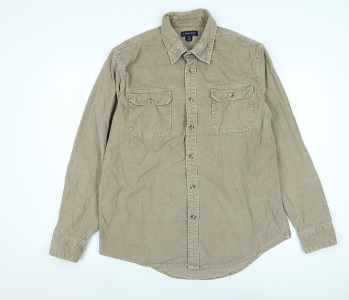 Lands End Mens Beige Cotton Blend Button-Up Size M Collared Button
