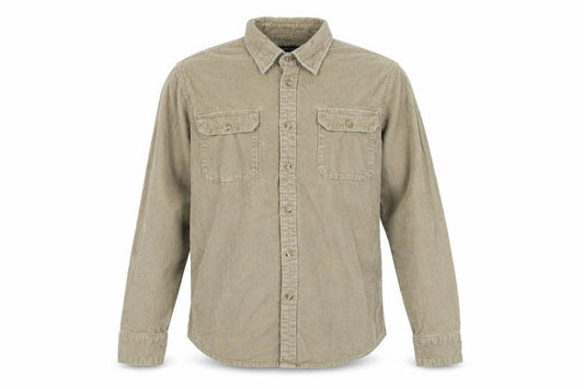 Front view of Lands End men’s beige cotton blend button-up, size M, collared button