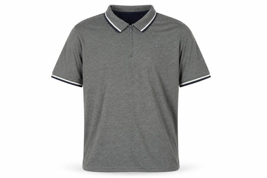 Front view of Onfire men’s grey polyester polo, size XL, collared zip - logo