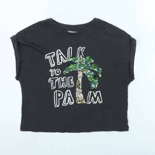 NEXT Girls Grey Cotton Basic T-Shirt Size 8 Years Crew Neck - Talk to the palm - Sequins
