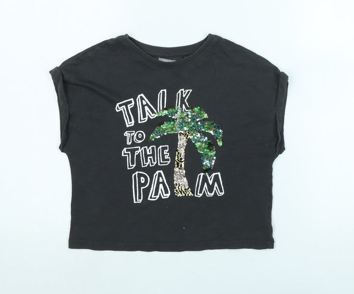 NEXT Girls Grey Cotton Basic T-Shirt Size 8 Years Crew Neck - Talk to the palm - Sequins