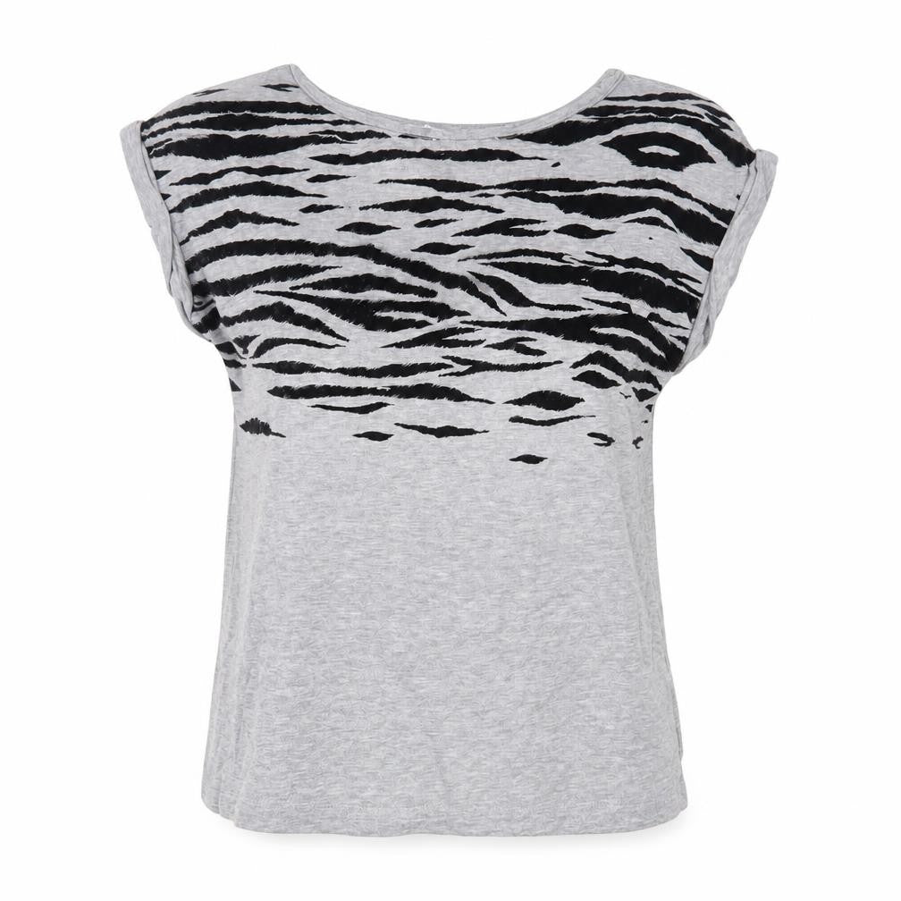 Front view of Next women’s grey animal print viscose basic t-shirt, size UK 10, boat neck
