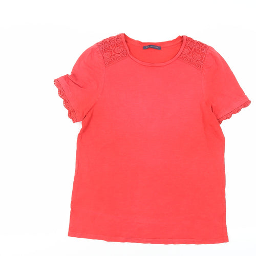 Marks and Spencer Womens Red Cotton Basic T-Shirt Size 12 Round Neck - Crocheted Lace Detail