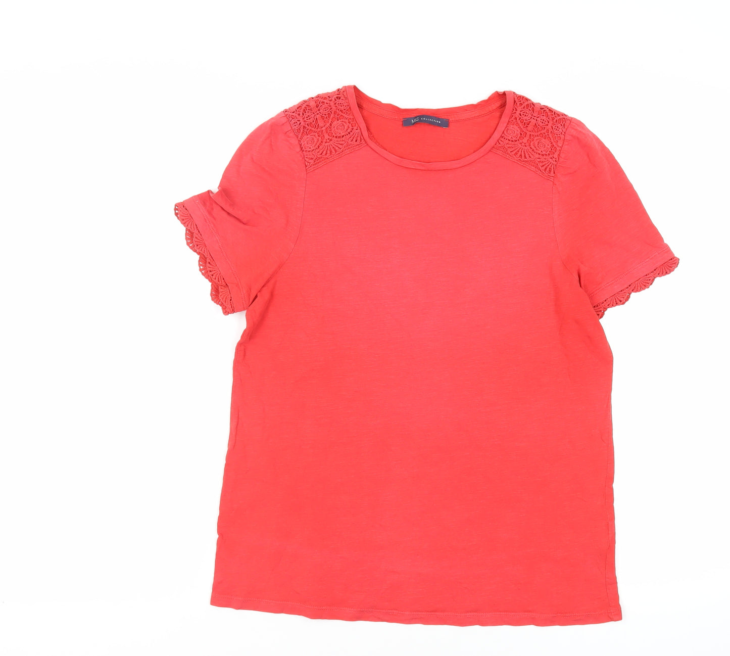 Marks and Spencer Womens Red Cotton Basic T-Shirt Size 12 Round Neck - Crocheted Lace Detail