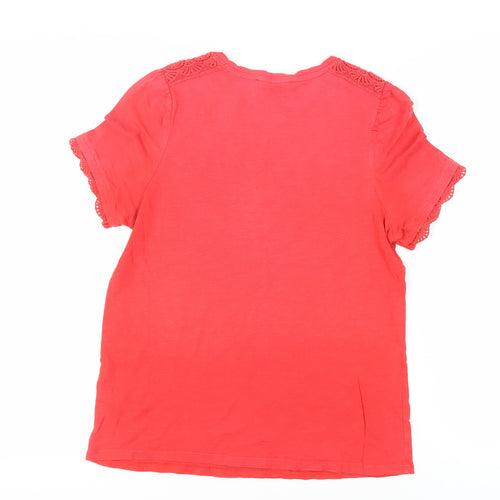 Marks and Spencer Womens Red Cotton Basic T-Shirt Size 12 Round Neck - Crocheted Lace Detail