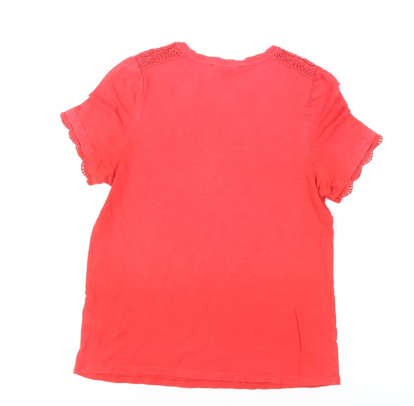 Marks and Spencer Womens Red Cotton Basic T-Shirt Size 12 Round Neck - Crocheted Lace Detail