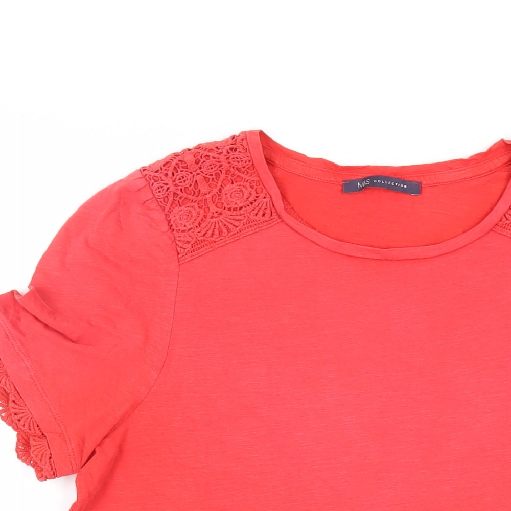 Marks and Spencer Womens Red Cotton Basic T-Shirt Size 12 Round Neck - Crocheted Lace Detail