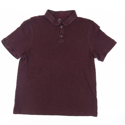 Marks and Spencer Mens Purple Cotton Polo Size L Collared Button