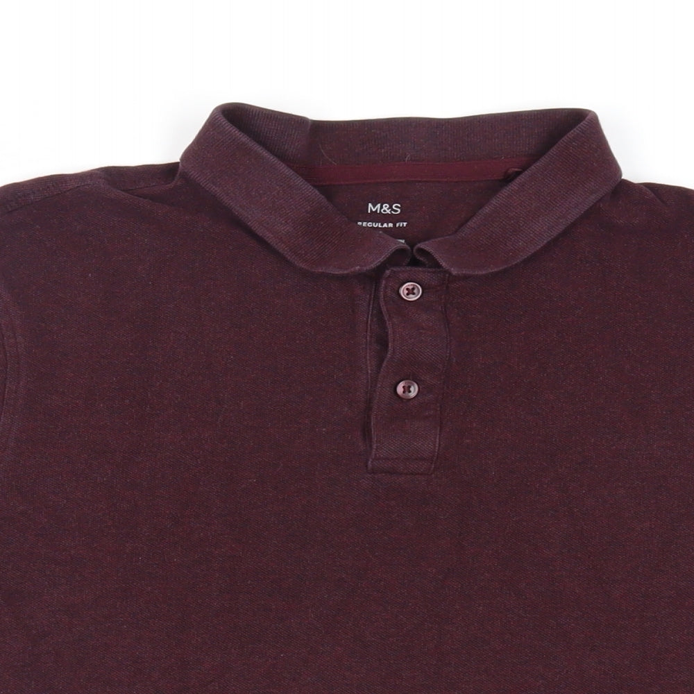 Marks and Spencer Mens Purple Cotton Polo Size L Collared Button