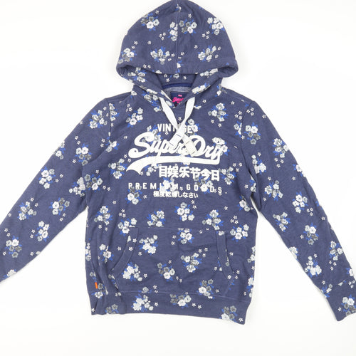 Superdry Womens Blue Floral Cotton Pullover Hoodie Size L Pullover - Logo Pockets