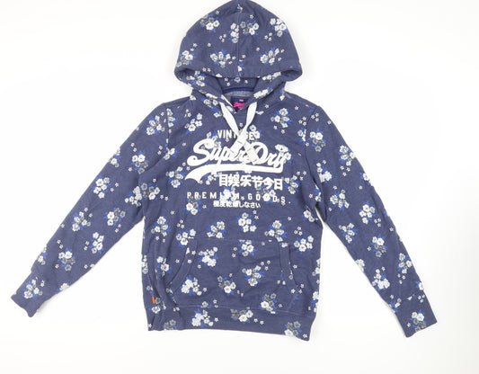 Superdry Womens Blue Floral Cotton Pullover Hoodie Size L Pullover - Logo Pockets