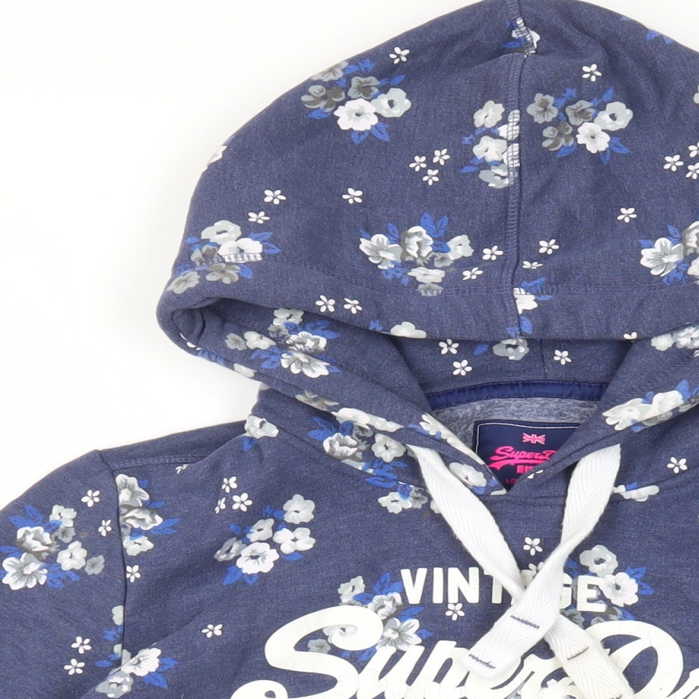 Superdry Womens Blue Floral Cotton Pullover Hoodie Size L Pullover - Logo Pockets