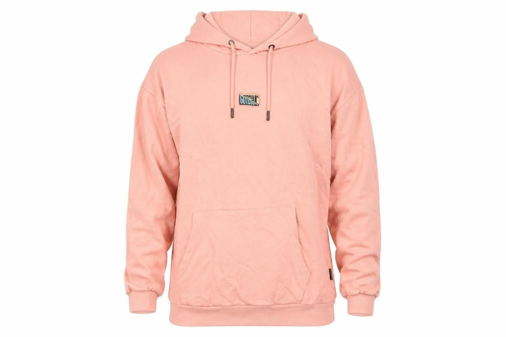 Front view of Gotcha men’s pink cotton pullover hoodie, size L, - logo pockets