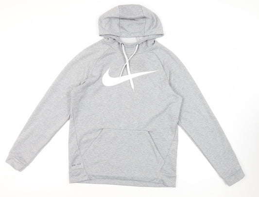 Nike Mens Grey Polyester Pullover Hoodie Size M - Logo Pockets