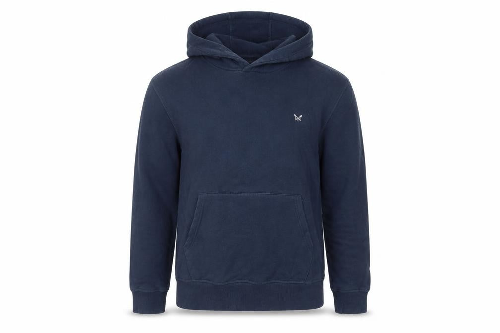 Front view of Crew Clothing Blue Cotton Pullover Hoodie, size M, - Logo Pockets