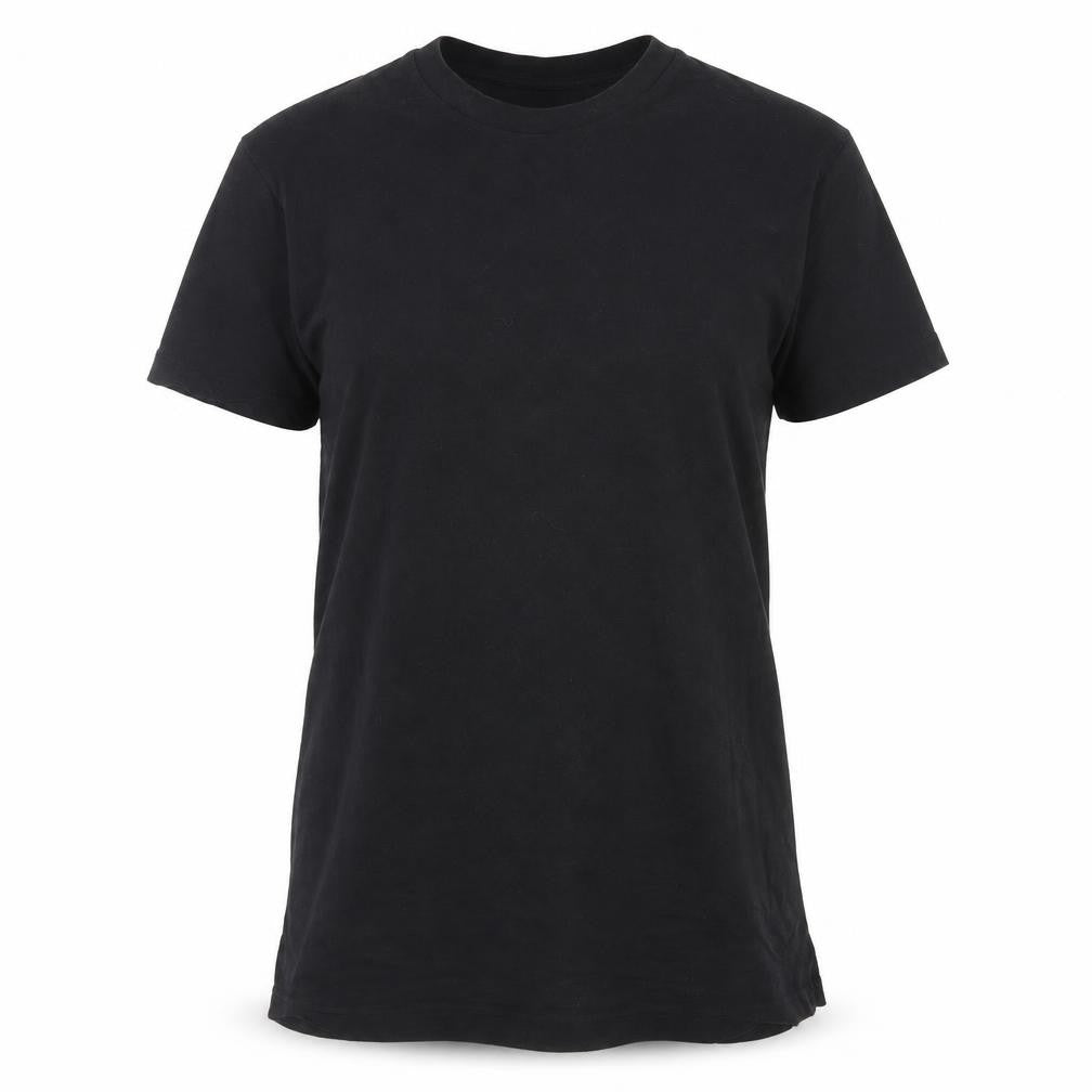 Front view of ASOS women’s black cotton basic t-shirt, size L, crew neck
