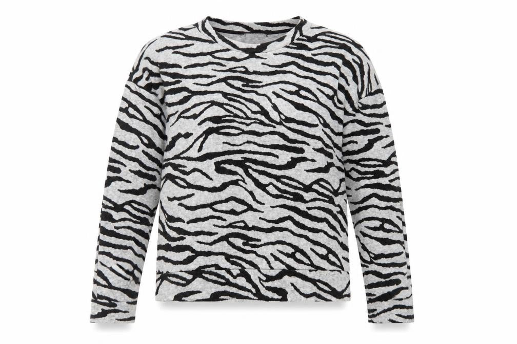 Front view of Marks & Spencer women’s grey animal print polyester pullover sweatshirt, size UK 10, pullover