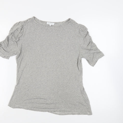 Warehouse Womens Black Striped Viscose Basic T-Shirt Size 12 Boat Neck - Ruched Sleeves