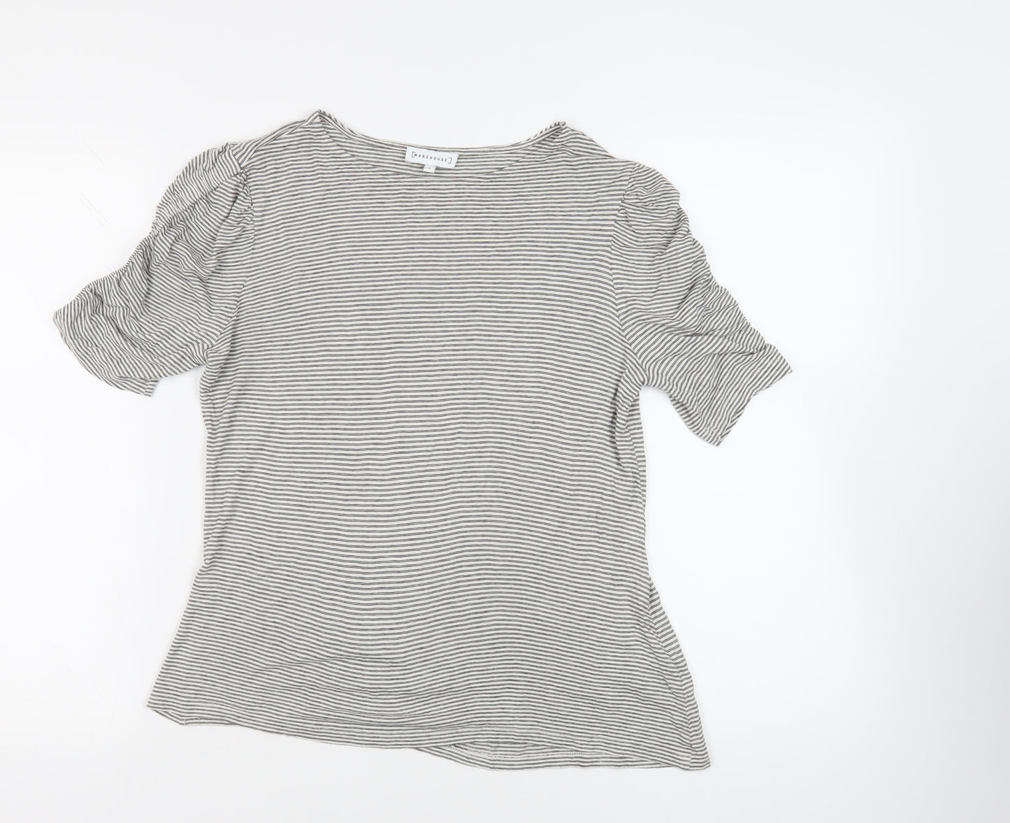 Warehouse Womens Black Striped Viscose Basic T-Shirt Size 12 Boat Neck - Ruched Sleeves