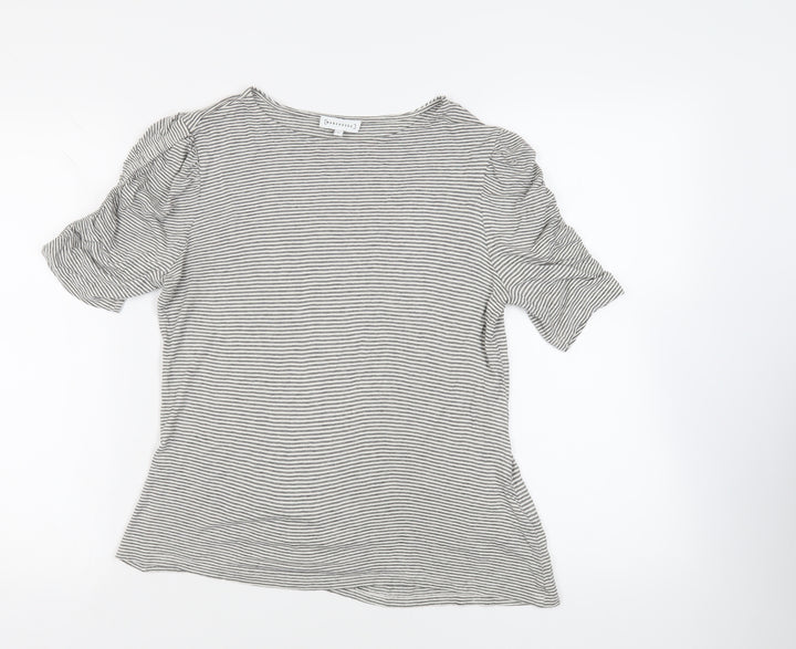 Warehouse Womens Black Striped Viscose Basic T-Shirt Size 12 Boat Neck - Ruched Sleeves
