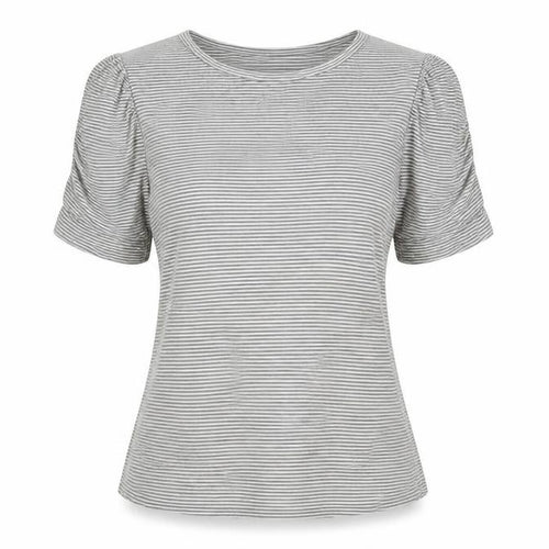 Warehouse Womens Black Striped Viscose Basic T-Shirt Size 12 Boat Neck - Ruched Sleeves