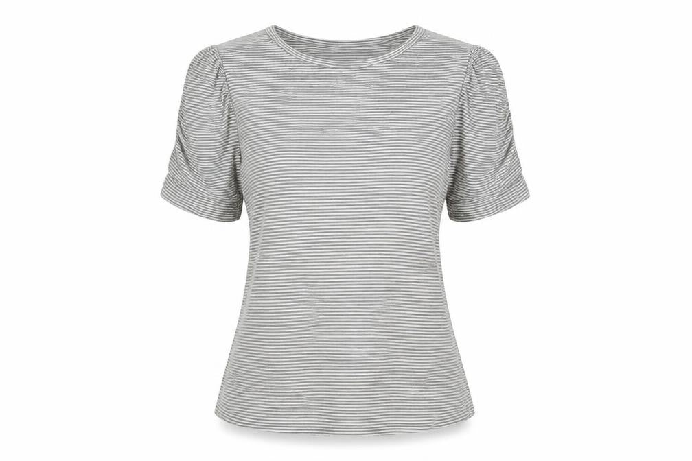 Warehouse Womens Black Striped Viscose Basic T-Shirt Size 12 Boat Neck - Ruched Sleeves