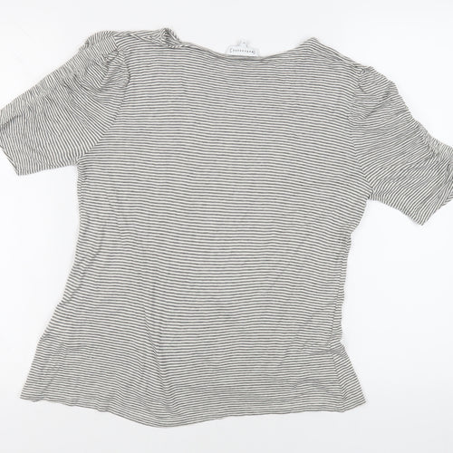 Warehouse Womens Black Striped Viscose Basic T-Shirt Size 12 Boat Neck - Ruched Sleeves