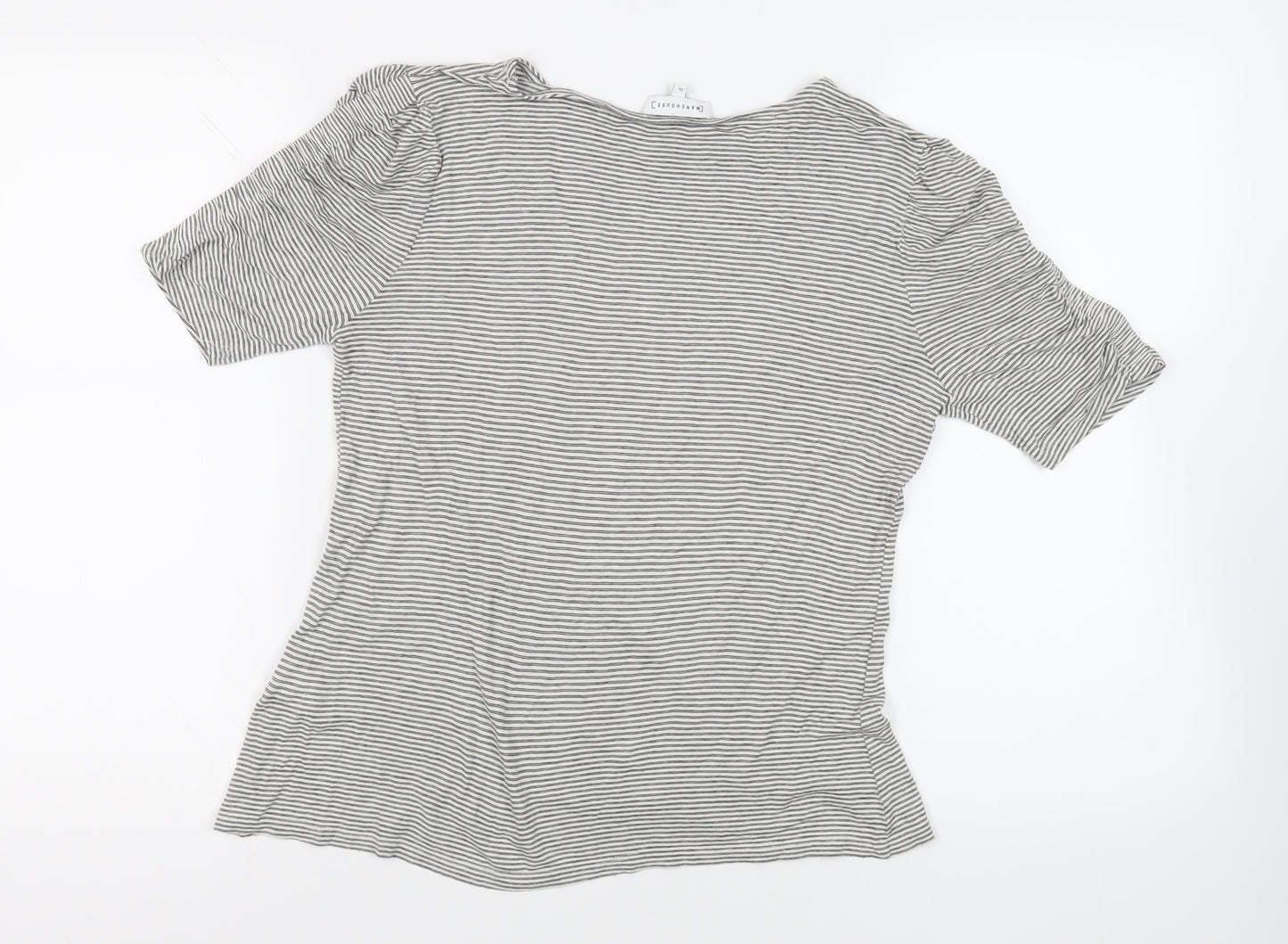Warehouse Womens Black Striped Viscose Basic T-Shirt Size 12 Boat Neck - Ruched Sleeves