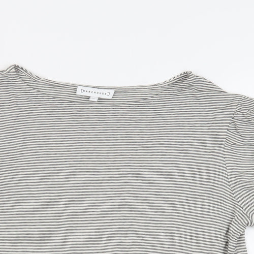 Warehouse Womens Black Striped Viscose Basic T-Shirt Size 12 Boat Neck - Ruched Sleeves