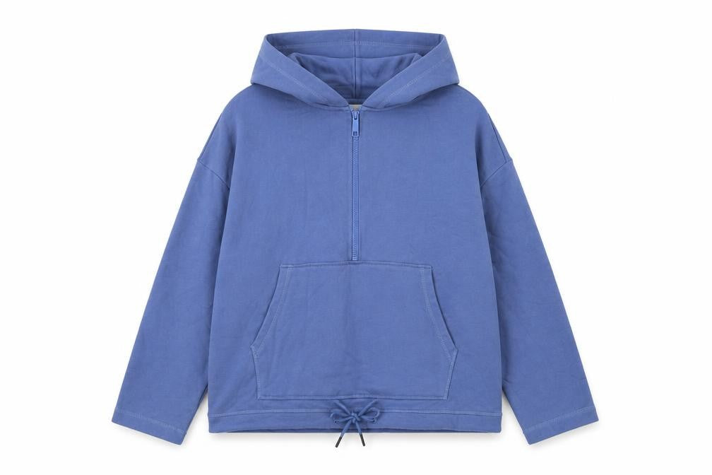 Front view of H&M women’s blue cotton pullover hoodie, size S, zip - pockets