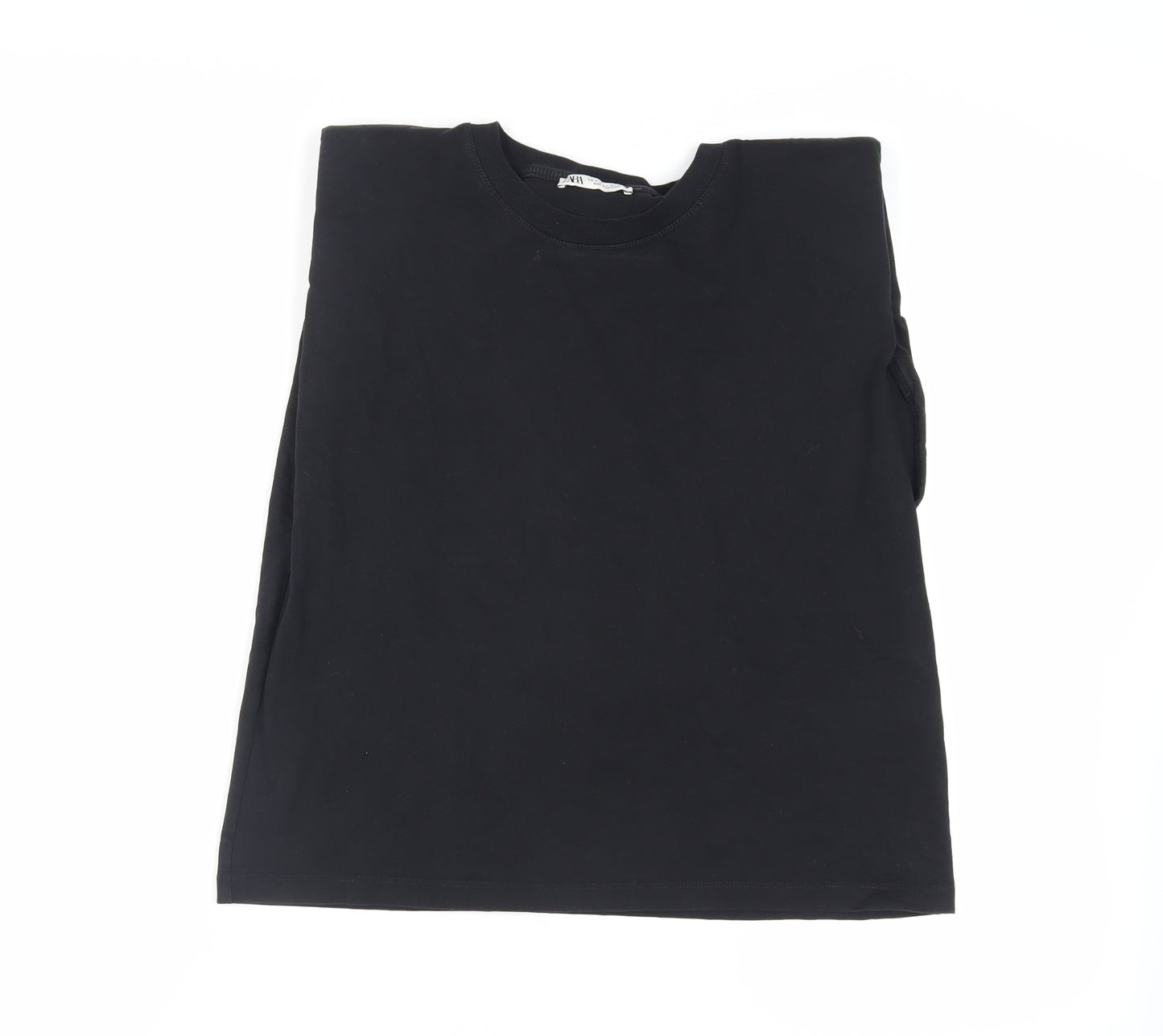 Zara Womens Black Cotton Basic T-Shirt Size S Crew Neck - Shoulder Pads