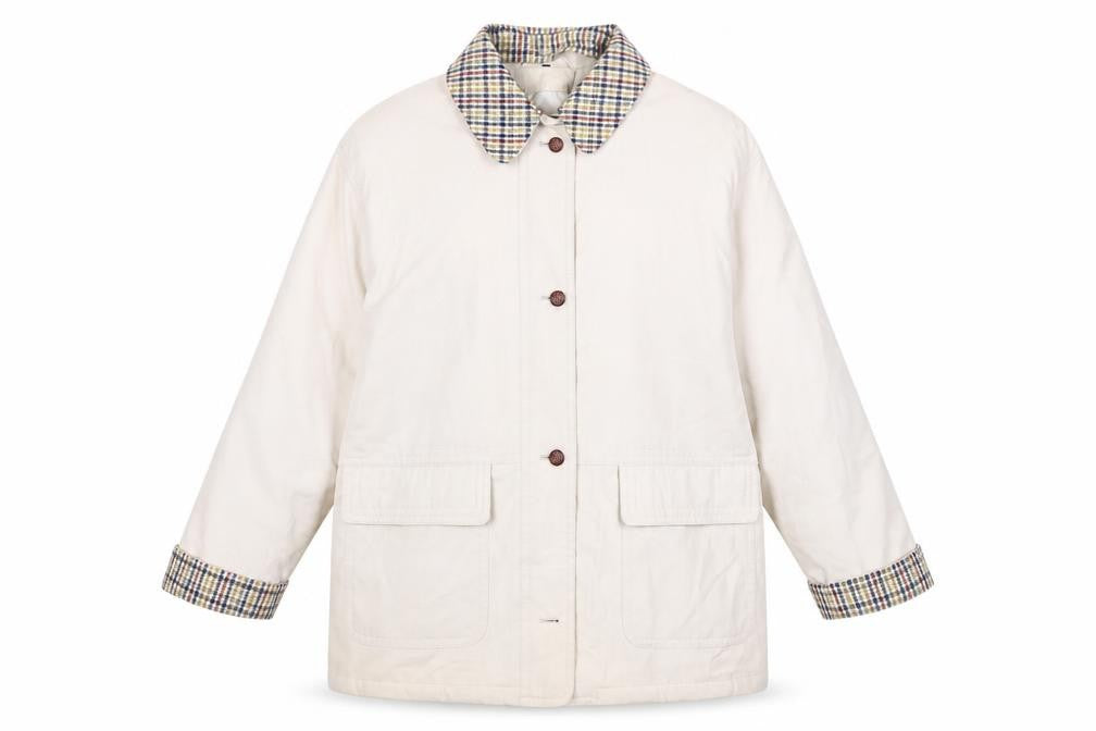 Front view of Berkertex women’s beige overcoat coat, size UK 20, button