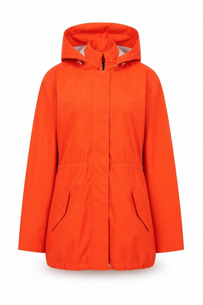 Front view of Lands' End women’s red rain coat coat, size M, zip - hooded water resistant