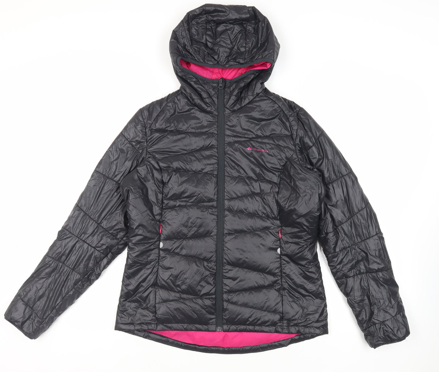 DECATHLON Womens Black Quilted Jacket Size L Zip - Hooded Zipped Pockets