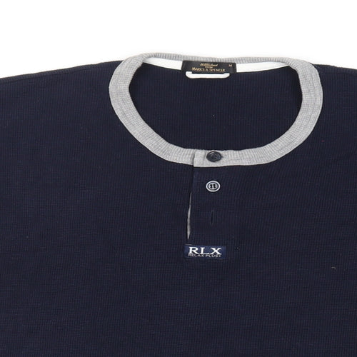 Marks and Spencer Mens Blue Cotton T-Shirt Size M Henley