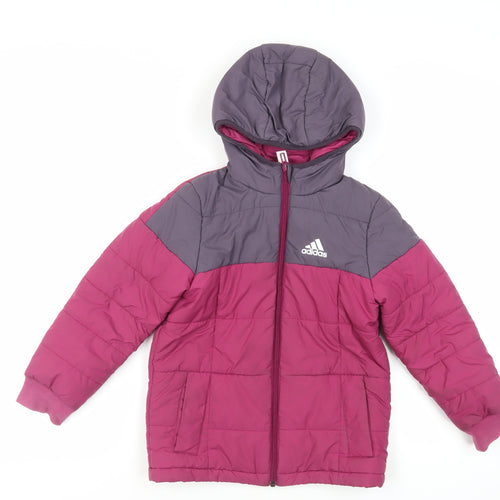 adidas Girls Purple Quilted Jacket Size 7-8 Years Zip - Hooded Logo