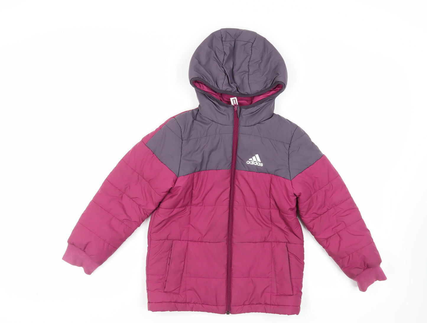 adidas Girls Purple Quilted Jacket Size 7-8 Years Zip - Hooded Logo