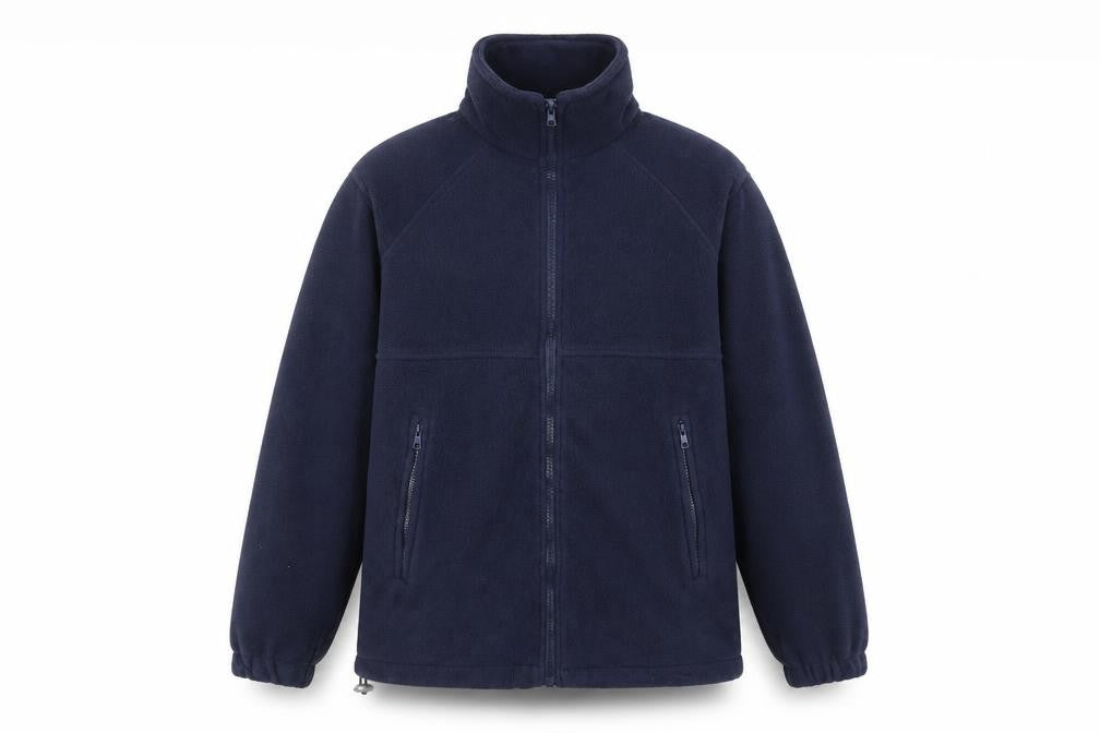 Front view of Made In England men’s blue jacket, size L, zip - zipped pockets