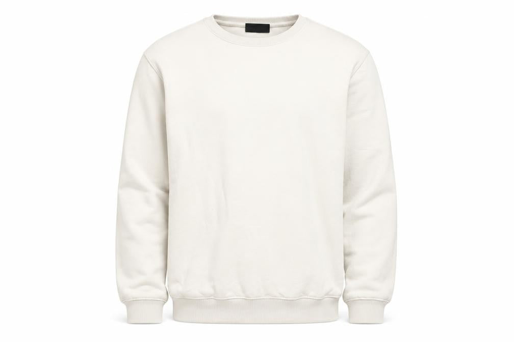 Front view of H&M men’s beige cotton pullover sweatshirt, size M
