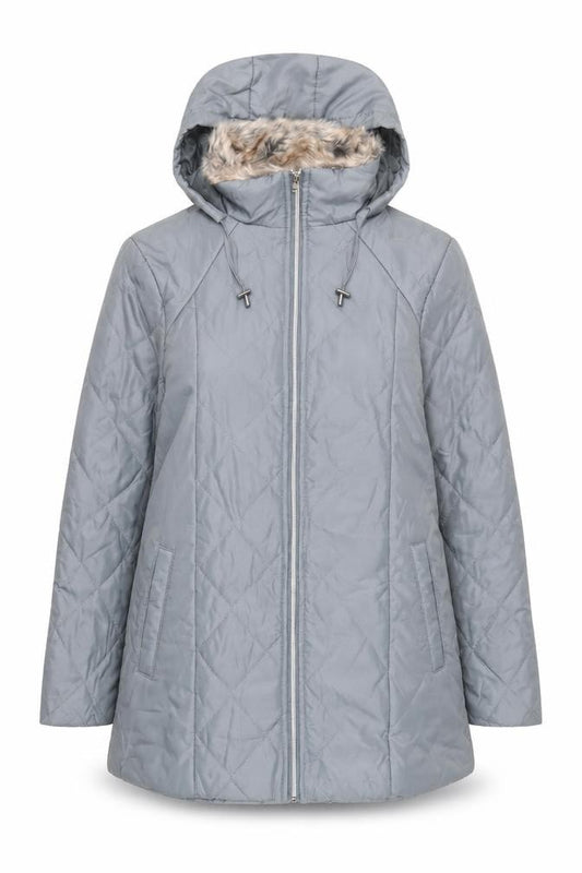 Front view of Anne De Lancay women’s green quilted jacket, size M, zip - hooded