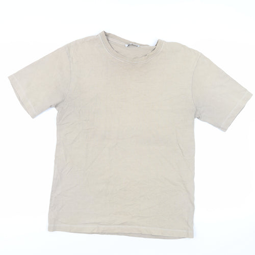 Zara Mens Beige Cotton T-Shirt Size M Crew Neck