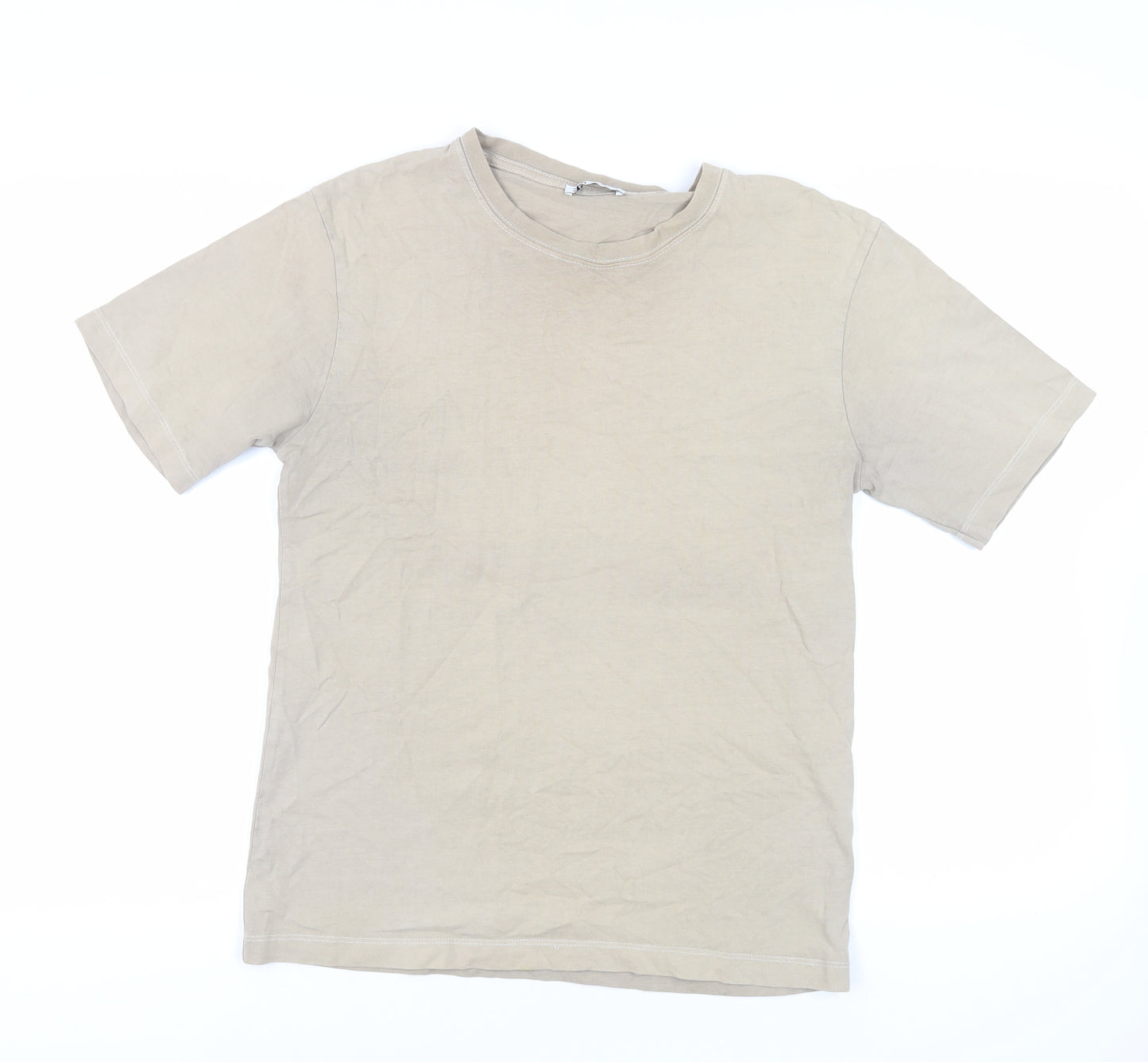 Zara Mens Beige Cotton T-Shirt Size M Crew Neck