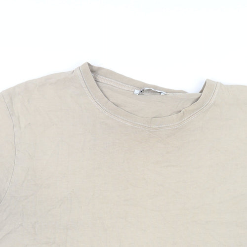 Zara Mens Beige Cotton T-Shirt Size M Crew Neck