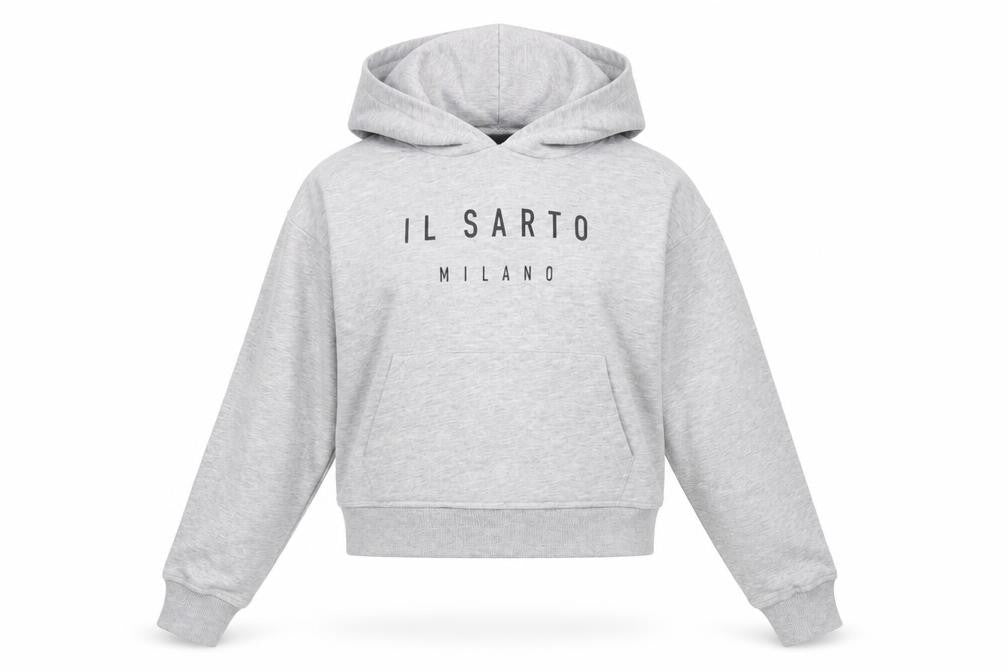 Front view of Il Sarto women’s grey cotton pullover hoodie, size S, pullover - logo