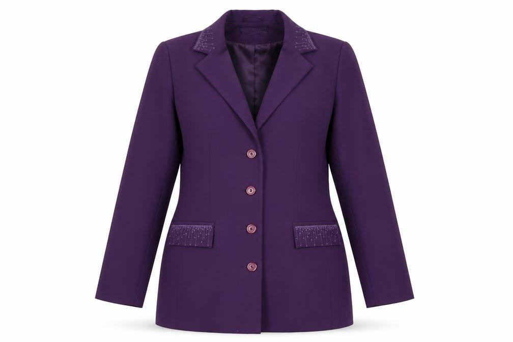 Front view of Bonmarché women’s purple jacket blazer, size UK 12, button - embroidered
