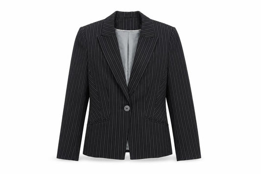 Front view of Next women’s black striped jacket blazer, size UK 10, button